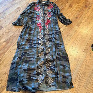 ANDREE BY UNIT WOMENS GREEN CAMOFLAUGE DUSTER JACKET CARDIGAN FLORAL EMBROIDERED